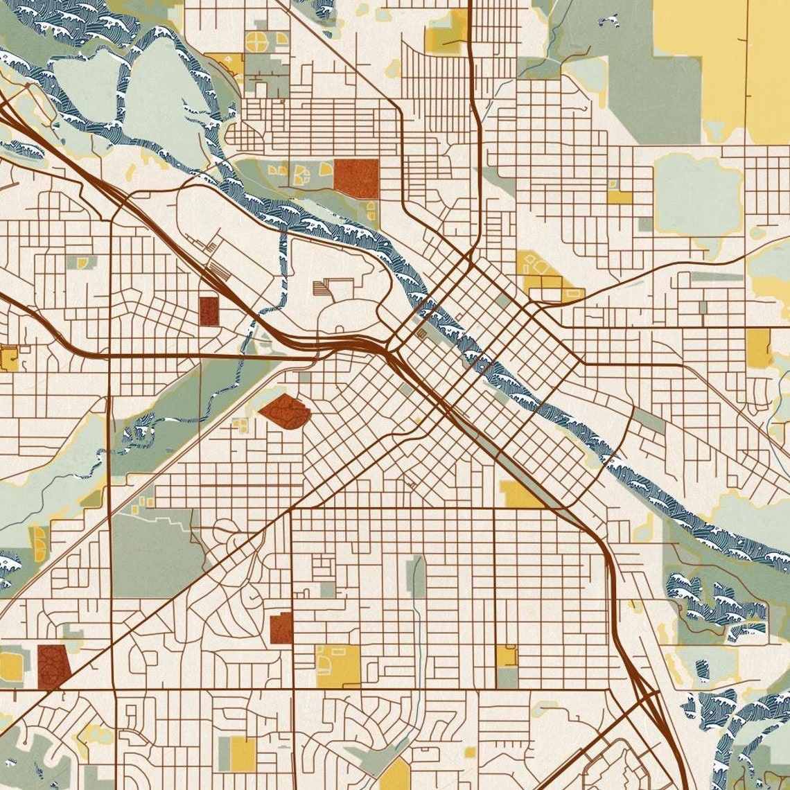 Waterloo Iowa Map Print In Woodblock Etsy