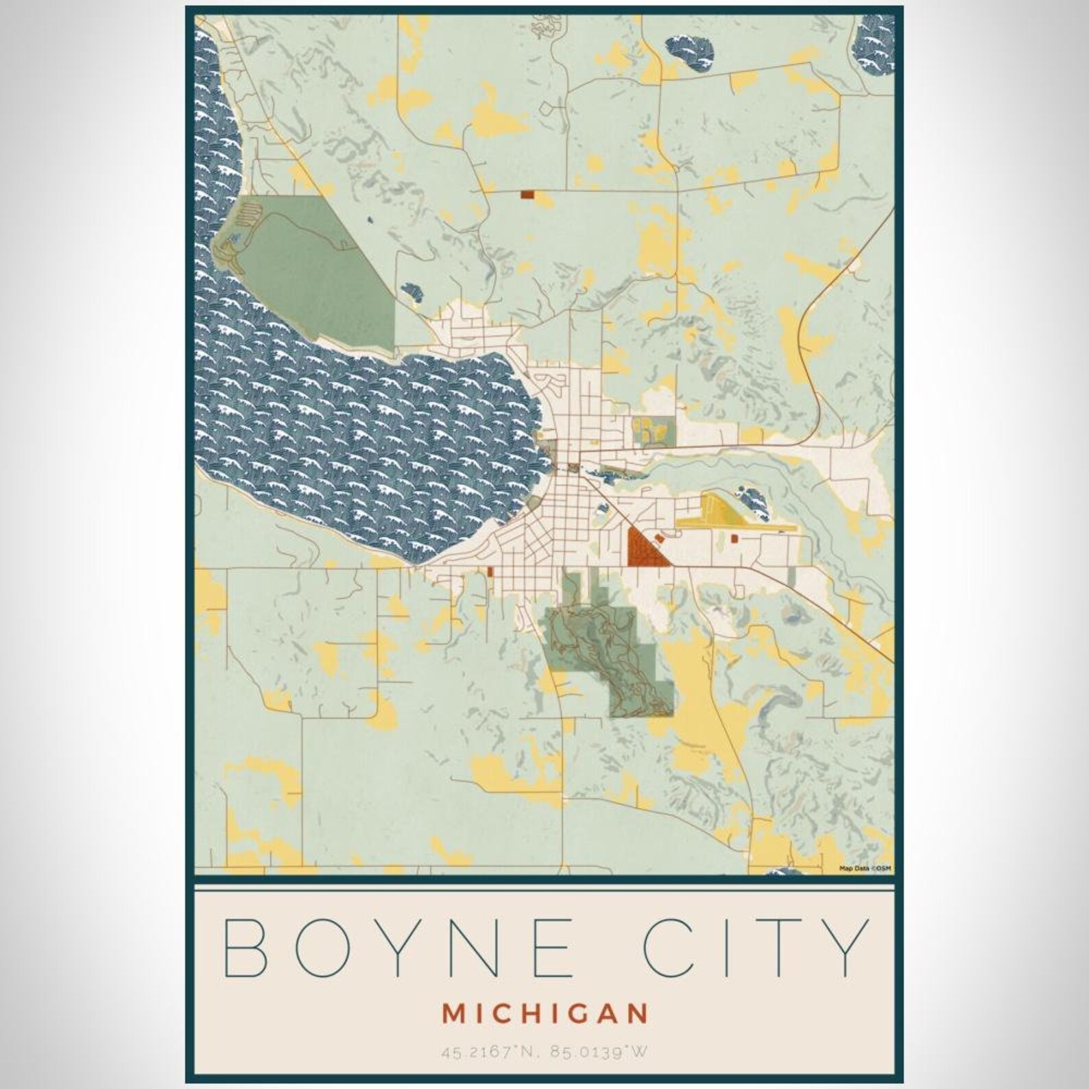 Boyne City Michigan Map Print in Woodblock Etsy