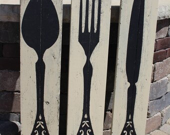 Fork Knife and Spoon Handmade Distressed Decorative Wood Sign