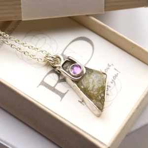 Raw Barite and Rose-Cut Amethyst Necklace in Silver, Barite Crystal Gemstone Pendant with Amethyst, February Birthstone wife mom sis gift