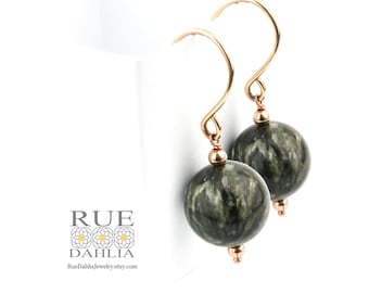 Seraphinite Earrings, Green Gemstone Earrings Gold, Rose Gold or Silver, Gemstone Drop Earrings Mom gift for her