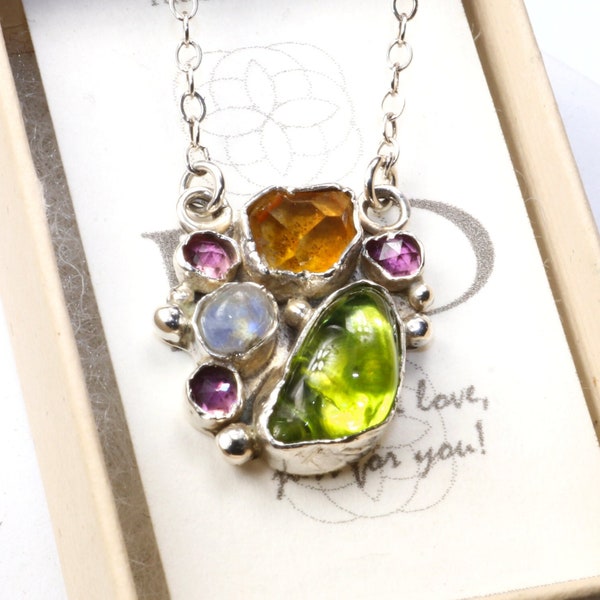 Multi Gemstone Cluster Pendant with Recycled Silver, Vintage Peridot, Moonstone, Citrine, and Rose Cut Rhodolite Garnet Ships Free in US