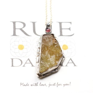 Raw Golden Barite Necklace with Rhodolite Garnet in Silver, Artisan Barite Pendant OOAK, Rough Stone Necklace, mom wife gift ship ready free