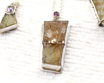 Raw Barite Necklace with Topaz and Rhodolite Garnet, Golden Barite Pendant with  silver and 14K gold fill, Three Stone Necklace
