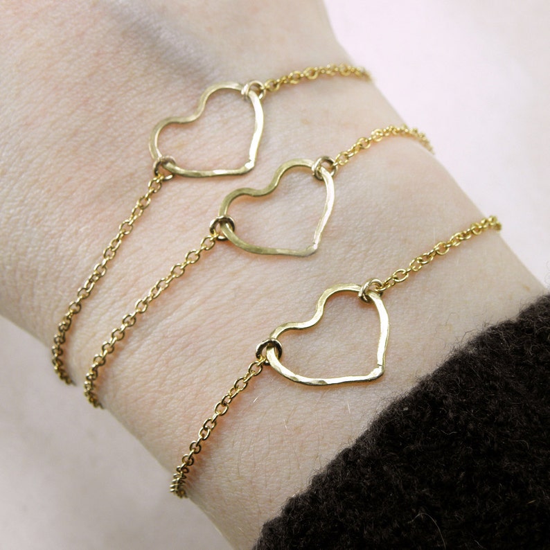 Open Heart Bracelet Delicate Outline Heart Bracelet Dainty Layering Bracelet Heart Charm Silver Gold BFF Stacking Bracelet gift for women image 4