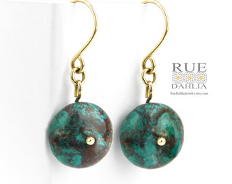 Chrysocolla Dangle Earrings, Turquoise Gemstone Drop Earrings, Chrysocolla Jewelry Gold or Silver, Mothers Gift for her