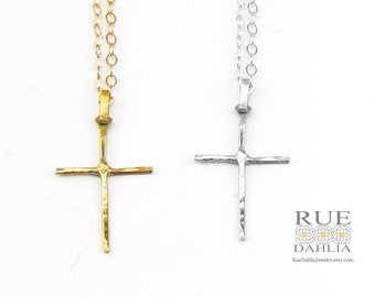 Gold Cross Pendant Small Cross Gold or Silver Layering Cross Necklace Hammered Cross Pendant him mom sister wife gift