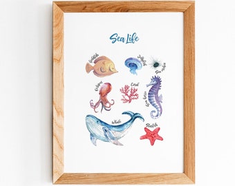 Nursery Decor Print, Sea Life Print, Under The Sea, Nursery Decor Ocean, Sea Life Wall Art, Nursery Wall Art, Nautical Decor, Whale Print
