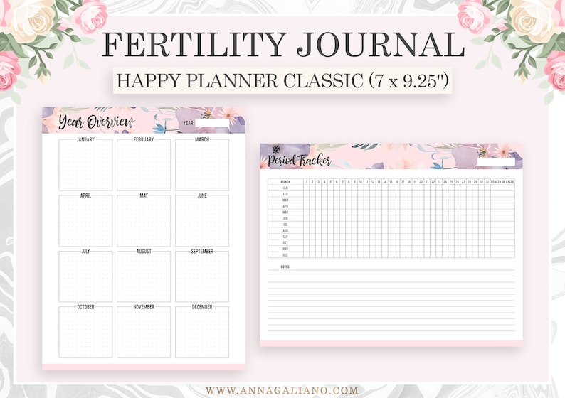 Op de afbeelding: Een vruchtbaarheidsdagboek met een bloemenontwerp. Het dagboek bevat een jaaroverzicht en een menstruatietracker. Het dagboek is een Happy Planner Classic, met een afmeting van 17,78 x 23,5 cm.