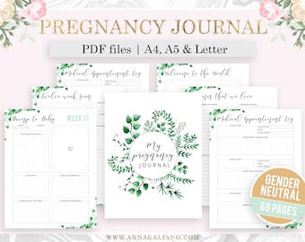 Zwangerschapsdagboek afdrukbaar, zwangerschapsplanner, mama als cadeau, genderneutraal, Bujo printables, aquarel botanische bladeren, A5 A4 brief