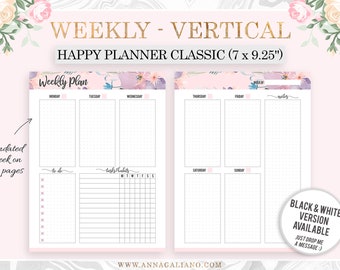 Planificador vertical semanal imprimible, Happy Planner Inserts imprimible, Semana en dos páginas, Bujo, WO2P, Dot Grid, Happy Planner, Mambi classic