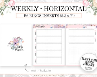 Weekly B6 Rings Inserts, Horizontal Week on 2 pages, Undated WO2P, Printable B6 Rings Inserts, Bullet Journal, Bujo, Foxy Fix Rings Insert