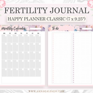 Op de afbeelding: Een Fertility Journal Happy Planner Classic, 17,78 x 23,5 cm, met een maandkalender en takenlijst. De planner heeft een bloemenontwerp en bevat opties voor een start op zondag en maandag.