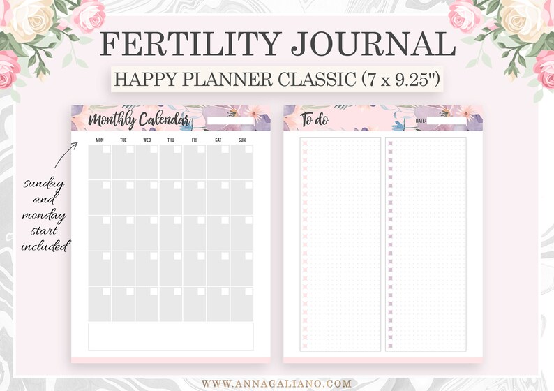 Op de afbeelding: Een Fertility Journal Happy Planner Classic, 17,78 x 23,5 cm, met een maandkalender en takenlijst. De planner heeft een bloemenontwerp en bevat opties voor een start op zondag en maandag.