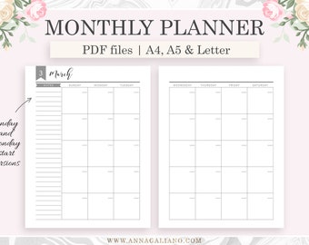 Monthly Planner Printable, Monthly Calendar, Undated month on two Pages, Monthly Inserts, Printable Planner Inserts, Filofax A5, A4, Letter