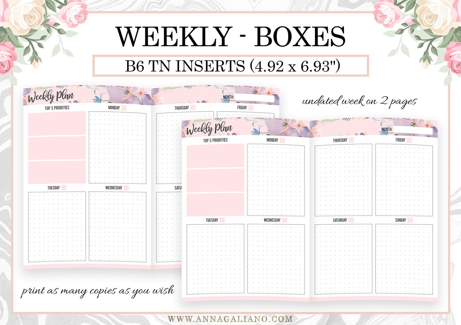 Weekly B6 TN Inserts, Vertical Box Week on 2 Pages, Undated WO2P ...