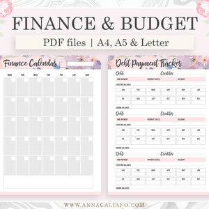 May include: Printable finance and budget planner with floral design. Includes a monthly calendar and debt payment tracker. Sunday and Monday start versions are included. PDF files in A4, A5, and Letter sizes.