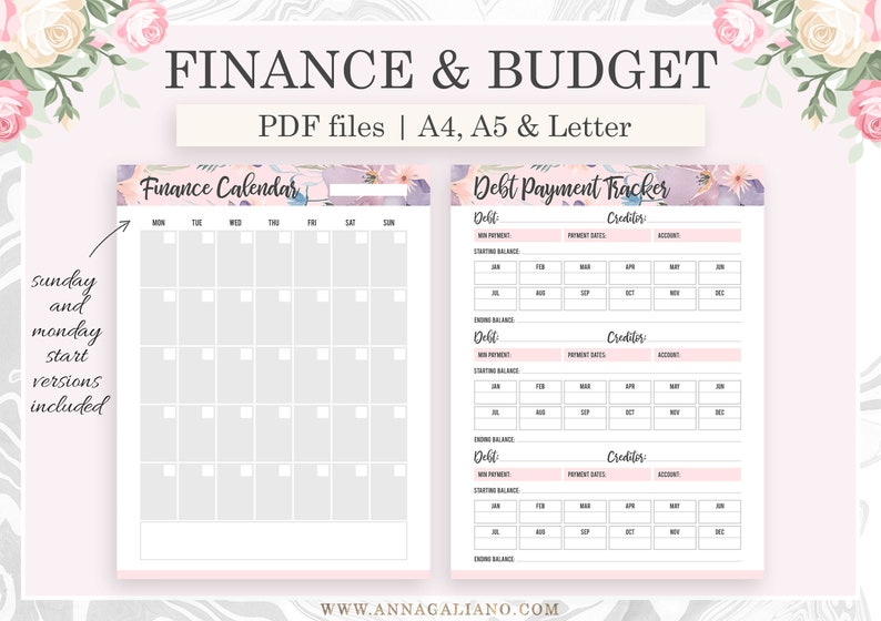 May include: Printable finance and budget planner with floral design. Includes a monthly calendar and debt payment tracker. Sunday and Monday start versions are included. PDF files in A4, A5, and Letter sizes.