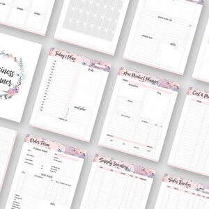 May include: A set of printable business planner pages with floral designs. The pages include sections for weekly planning, daily planning, new product planning, cost and profit worksheets, order forms, supply inventory, and sales tracking.