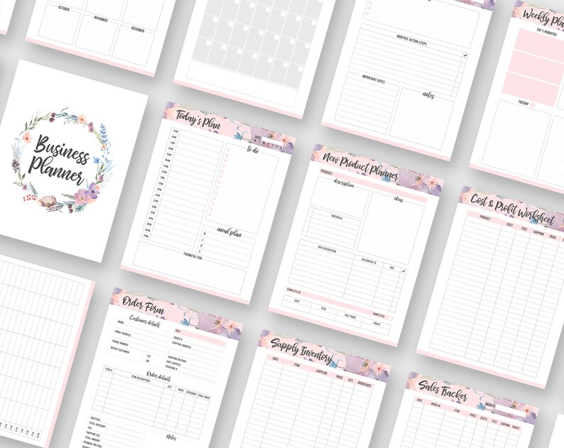 May include: A set of printable business planner pages with floral designs. The pages include sections for weekly planning, daily planning, new product planning, cost and profit worksheets, order forms, supply inventory, and sales tracking.