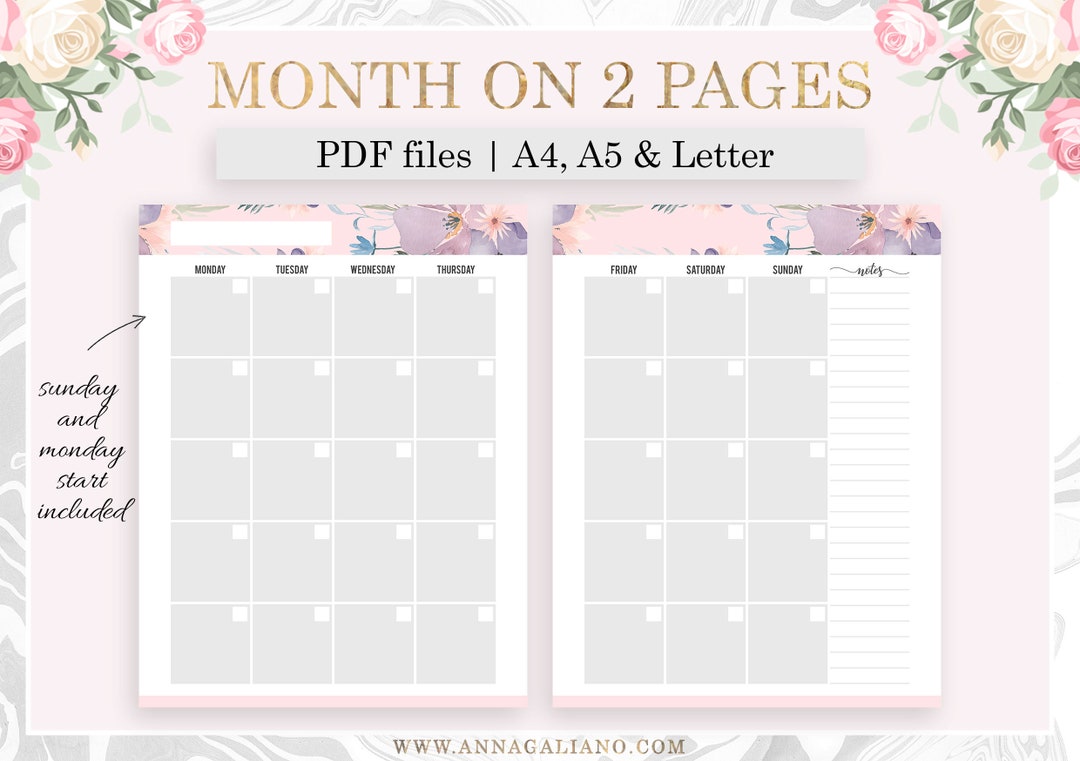 Monthly Planner Printable, Month on Two Pages, MO2P, Monthly Inserts ...