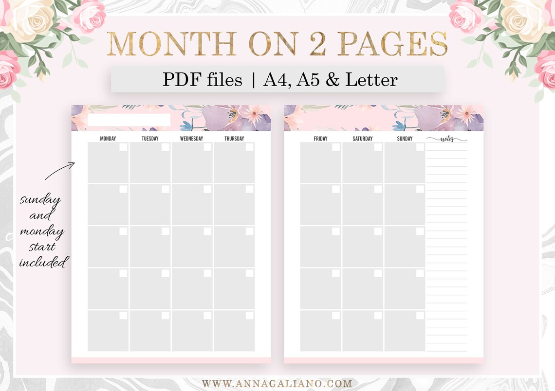 Monthly Planner Printable, Month on Two Pages, MO2P, Monthly Inserts ...