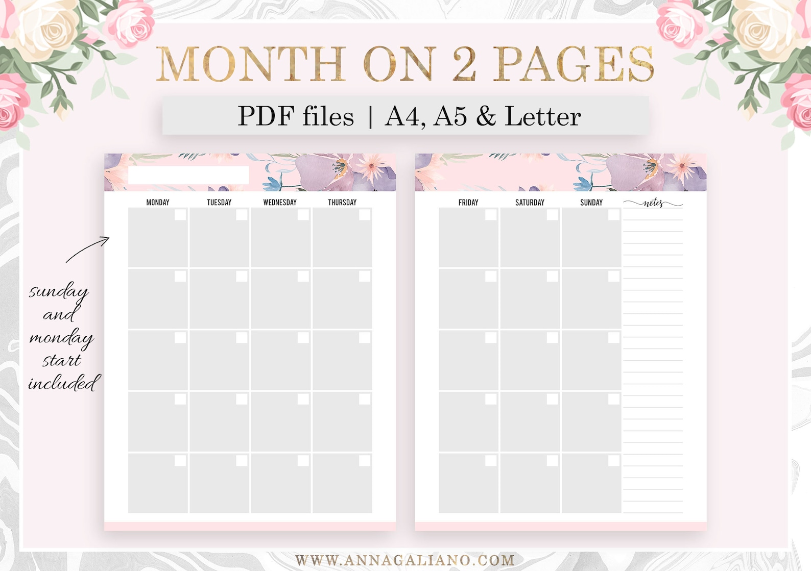 Monthly Planner Printable, Month on Two Pages, MO2P, Monthly Inserts Undated, Printable Planner ...