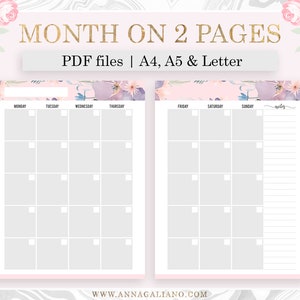Monthly Planner Printable, Month on Two Pages, MO2P, Monthly Inserts ...
