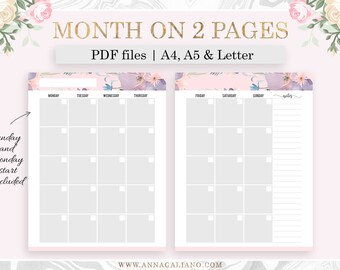Monthly Planner Printable Month on Two Pages A5 Planner | Etsy
