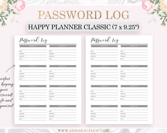 Password Keeper Printable, Happy Planner Classic Inserts, Password Log, Password Tracker, Password Organizer, Happy Planner Inserts, Mambi