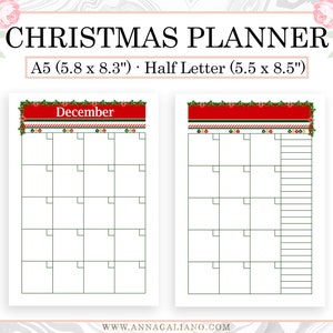 以下が含まれることがあります： クリスマスプランナー。A5サイズ（14.7 x 21.1 cm）とHalf Letterサイズ（14 x 21.6 cm）の2ページ。赤と緑のヘッダーに「December」の文字とカレンダーグリッドが特徴です。