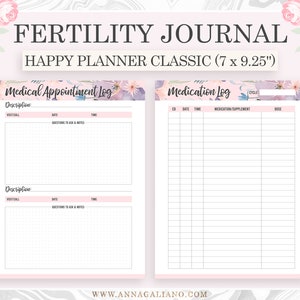 Op de afbeelding: Een roze en witte Fertility Journal Happy Planner Classic (17,78 x 23,5 cm). Het tijdschrift bevat secties voor medische afspraken en medicatietracking, met bloemaccenten. Tekst bevat "houd al je vragen en notities op &eacute;&eacute;n plek" en "houd je medicatie bij".