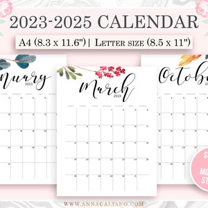 Calendario de pared imprimible, 2023, 2024, 2025 Calendario de pared imprimible, Calendario de acuarela, Calendario botánico, Calendario de escritorio, A4, Carta