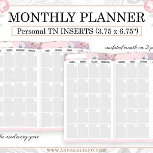 Personal TN Inserts, Monthly Inserts Undated, Month on 2 Pages ...