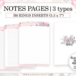 May include: White B6 ring inserts with floral accents. The image shows three types of pages: grid, lined, and dotted. The cover features a floral design and the word "Notes". Inserts measure 5.3 x 7 inches. Text reads "NOTES PAGES | 3 types" and "BLACK & WHITE VERSION AVAILABLE".