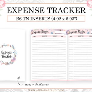 May include: White expense tracker inserts with floral accents. The cover features a floral wreath around the words "Expense Tracker." The open pages display lined sections for date, description, amount, and total. The inserts measure 4.92 x 6.93 inches.