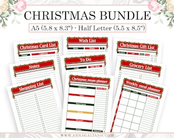 クリスマス バンドル、クリスマス 2019、印刷可能なプランナー ページ、ウィッシュ リスト、ギフト リスト、カード リスト、A5 プランナー インサート、ハーフ レター サイズ インサート