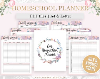 May include: Homeschool planner with floral designs. Includes PDF files in A4 and Letter sizes. Features weekly assignments, lesson plans, field trips, and attendance records. The planner includes a weekly schedule and a section for goals. The cover says "Our Homeschool Planner".
