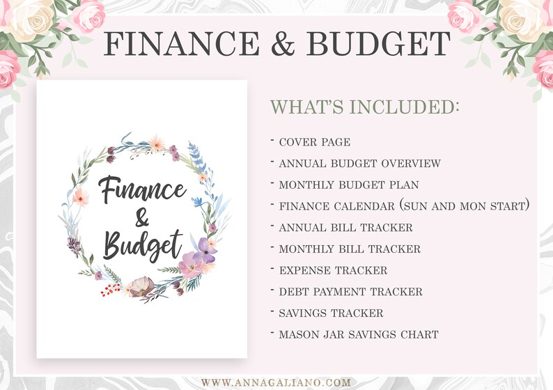 May include: A printable budget planner with a floral wreath design and the text "Finance & Budget". The planner includes a cover page, annual budget overview, monthly budget plan, finance calendar, annual bill tracker, monthly bill tracker, expense tracker, debt payment tracker, savings tracker, and mason jar savings chart.