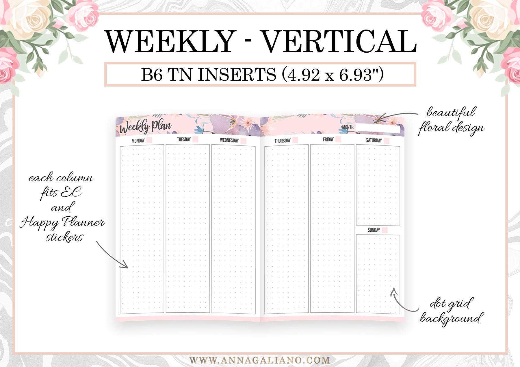 Weekly B6 TN Inserts, Vertical Week on 2 Pages, Undated WO2P, Printable ...