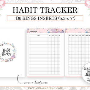 May include: A white habit tracker insert with floral accents. The cover features a floral wreath and the words "Habit Tracker." The insert includes habit tracking grids for the month of January. The B6 rings inserts measure 5.3 x 7 inches.