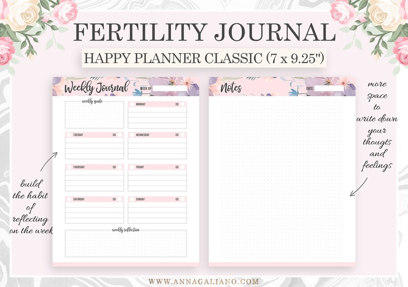 Op de afbeelding: Een roze en bloemrijk Fertility Journal, Happy Planner Classic, met week- en notitiepagina's. Het journaal meet 17,78 x 23,5 cm en biedt ruimte om over de week na te denken en gedachten en gevoelens op te schrijven.