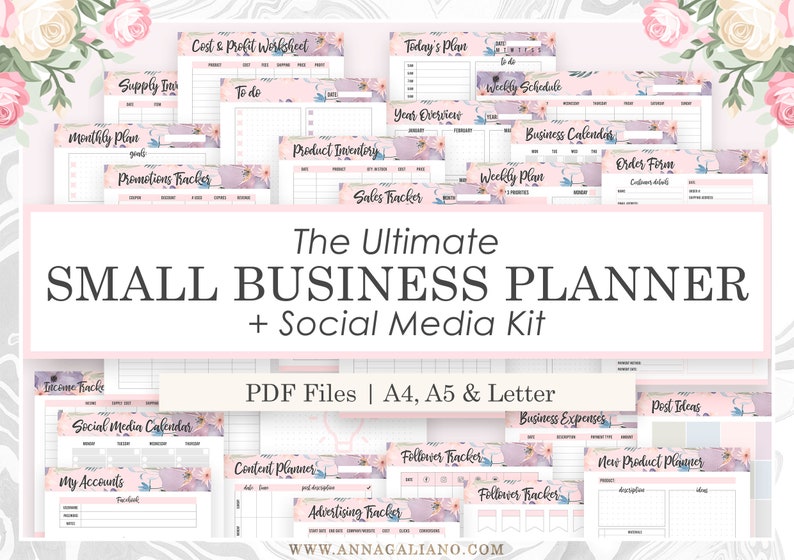 May include: A pink and purple floral design with the text "The Ultimate SMALL BUSINESS PLANNER + Social Media Kit" and "PDF Files | A4, A5 & Letter". The image shows a collection of printable planner pages for small businesses, including a cost and profit worksheet, a to-do list, a weekly schedule, a year overview, a monthly plan, a product inventory, a sales tracker, a business calendar, an order form, a promotions tracker, a weekly plan, an income tracker, a social media calendar, a content planner, a follower tracker, a business expenses tracker, a post ideas tracker, a new product planner, and a my accounts tracker.