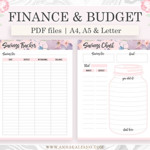 May include: A printable PDF set of two floral-themed budget and savings trackers. The first page is a savings tracker with columns for date, deposit, withdrawal, and balance. The second page is a savings chart with sections for saving for, goal, month, deposit, and a jar illustration with the text "you did it!" and "start here".