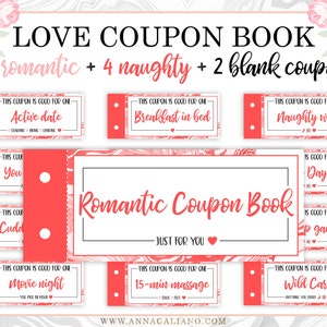 May include: A romantic coupon book with a red and white design. The cover reads "Romantic Coupon Book - Just For You." Includes coupons for activities like "Active Date" and "Movie Night."