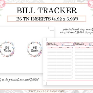 Bill Tracker Printable, B6 TN Inserts, Bill Checklist, Printable ...
