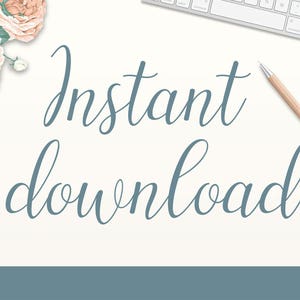 May include: A digital art design with the words "Instant download" in a teal script font. The image includes a bouquet of peach-colored roses, a keyboard, and a pen on a white background.