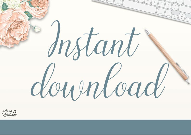 May include: A digital art design with the words "Instant download" in a teal script font. The image includes a bouquet of peach-colored roses, a keyboard, and a pen on a white background.