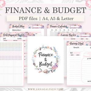 May include: Printable finance and budget planner pages in PDF format. The pages feature a floral design with pink, purple, and blue flowers. The pages include a budget plan, debt payment tracker, finance calendar, expense tracker, and savings chart.