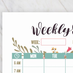 May include: A white weekly schedule with the words "Weekly Schedule" in dark purple script. The schedule includes boxes for the week and month, with days of the week in teal boxes. Floral illustrations in gold, pink, and green decorate the edges.